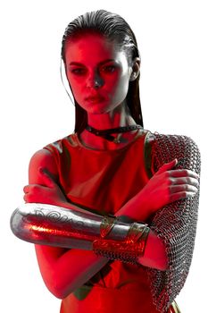 young woman in dress arm in armor chain mail protection unaltered. High quality photo