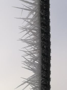 hoarfrost on a black thin iron bar as a close up