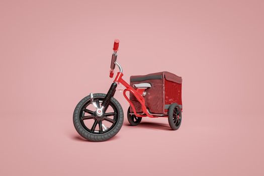 red children's tricycle with a delivery backpack and a hanging pacifier. 3d rendering