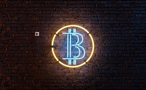 neon lamp with bitcoin symbol on a dark brick wall. 3d rendering
