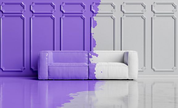 minimalist room with sofa and "Very peri" color paint covering half of it. color of the year 2022. 3d rendering