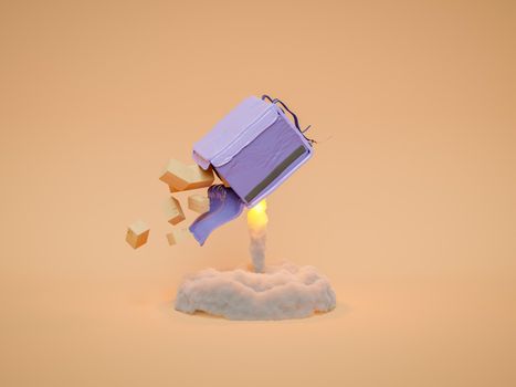 delivery backpack flying like a rocket and releasing shipping packages and fire. 3d rendering