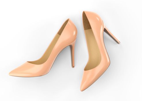 Women's beige shoes isolated on a white background. Top view, 3D rendering illustration.