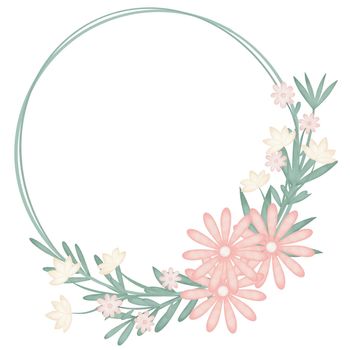 Spring wreath with small flowers and greenery. Round floral botanical frame. Deciduous circular template for greeting card, wedding invitation or congratulation