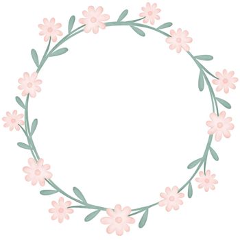 Wreath with pink spring flowers watercolor. Round floral frame with leaves. Greenery rim for invitation or congratulations