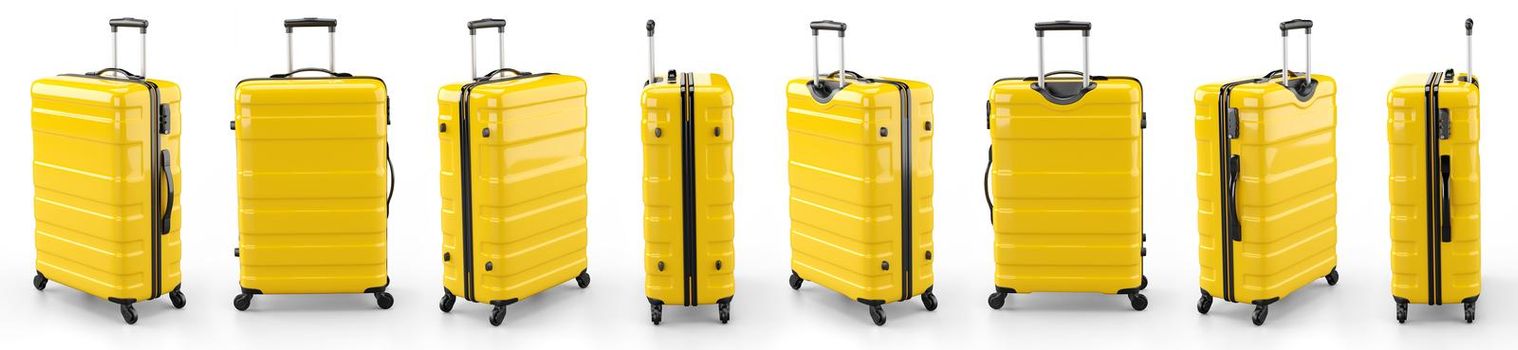 A set of yellow suitcases on a white background, 3D rendering illustration.