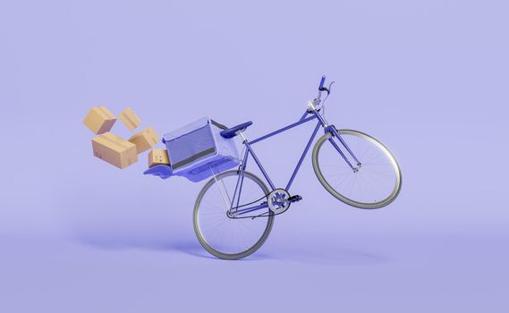delivery bike with open backpack dropping shipping packages. color of the year 2022 "Very peri". 3d rendering