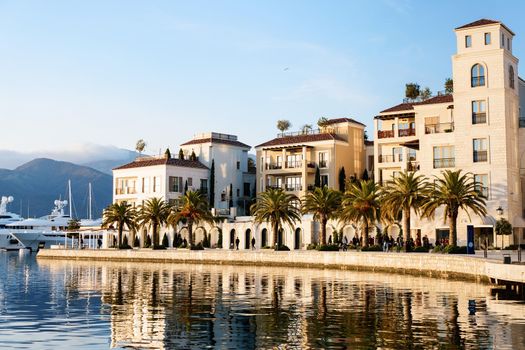 Modern expensive buildings on the coast of the bay. Porto. Montenegro. High quality photo