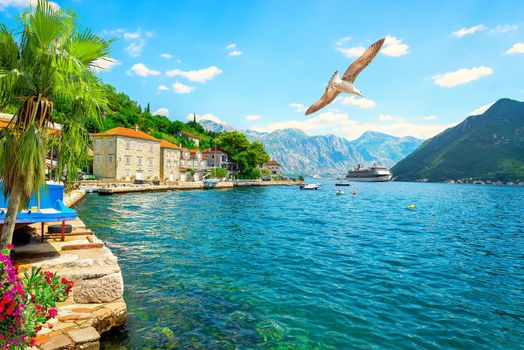 Cruise liner in Perast, small picturesque town in Montenegro
