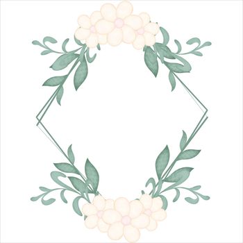 Floral frame rhombus watercolor. Isolated botanical template with delicate flowers and leaves. Postcard for congratulations or invitations