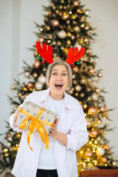 Grandma wearing deer christmas hat, happy smiling face.