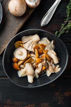 Pickled mushrooms set, on old dark wooden table background, top view flat lay