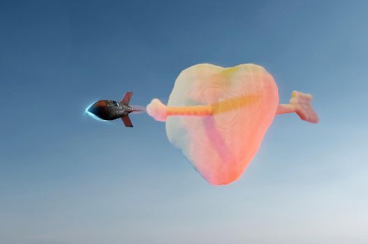 3d illustration. Cupid heart arrow in the form of a rocket smoke , idea concept made by red heart