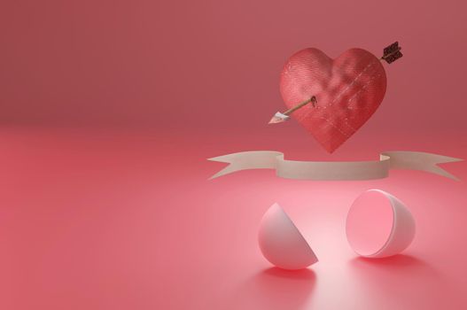 3d illustration. Open Gumball capsult  inside Cupid heart arrow . idea concept made by red heart