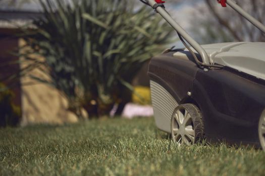 Black and gray modern grass-cutter mowing green lawn in a garden of country house. Gardening care equipment. Sunny morning, close up