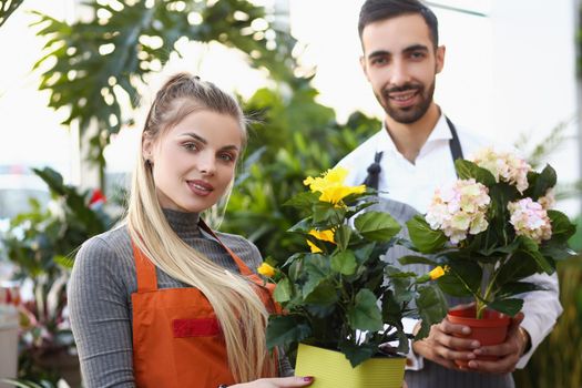 Portrait of cute florist workers hold flowers in pots, professional consultants ready to help with choice. Florist, nature, plant, studio, present concept