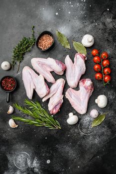 Raw goose wings set, on black dark stone table background, top view flat lay, with copy space for text