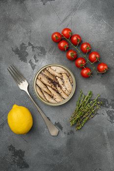 Canned sardines. Sea fish in tin can set, on gray stone table background, top view flat lay, with copy space for text