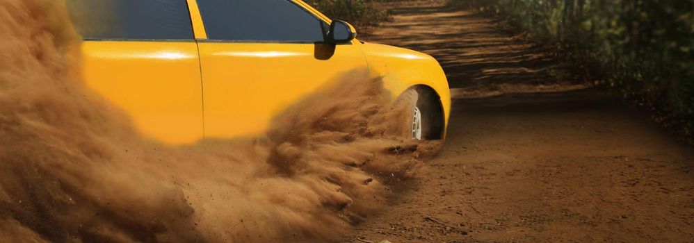 Rally race car drifting on dirt track.