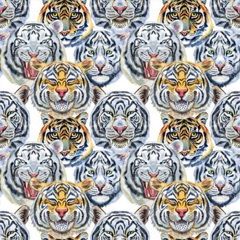 Watercolor seamless pattern with cute tigers on the white background. Fashionable fabric design.