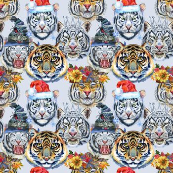 Watercolor seamless pattern with cute tigers on the white background. Fashionable fabric design.
