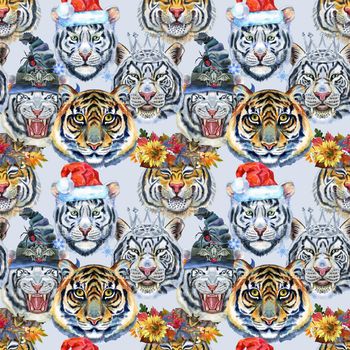 Watercolor seamless pattern with cute tigers on the white background. Fashionable fabric design.