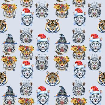 Watercolor seamless pattern with cute tigers on the white background. Fashionable fabric design.