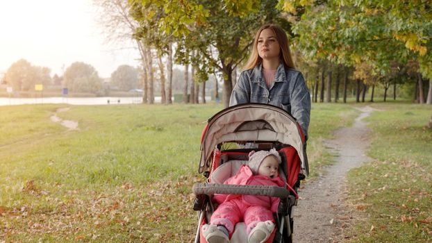 A young mother with a stroller walks in the autumn evening