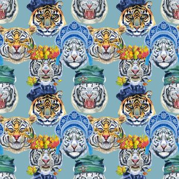 Watercolor seamless pattern with cute tigers on the green background. Fashionable fabric design.