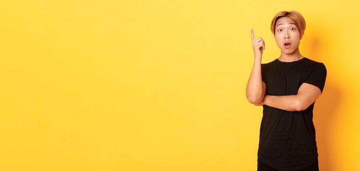 Portrait of thoughtful handsome asian man raising finger, suggesting idea, standing yellow background.