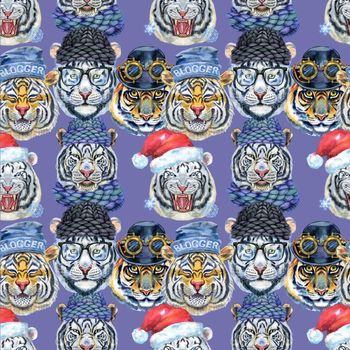 Watercolor seamless pattern with cute tigers on blue background. Fashionable fabric design.