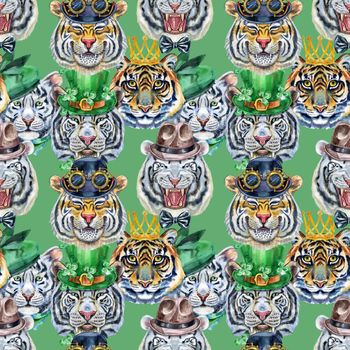 Watercolor seamless pattern with cute tigers on the green background. Fashionable fabric design.