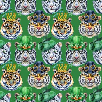 Watercolor seamless pattern with cute tigers on the green background. Fashionable fabric design.