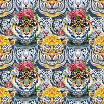 Watercolor seamless pattern with cute tigers on the dark blue background. Fashionable fabric design.