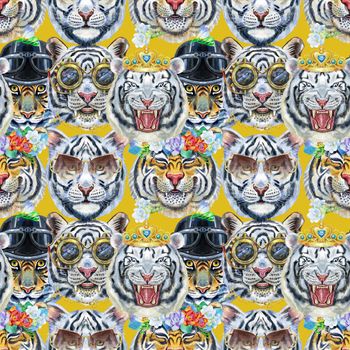Watercolor seamless pattern with cute tigers on the olive background. Fashionable fabric design.