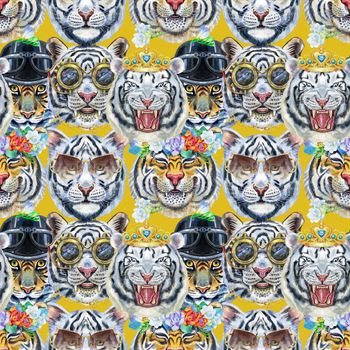 Watercolor seamless pattern with cute tigers on the olive background. Fashionable fabric design.