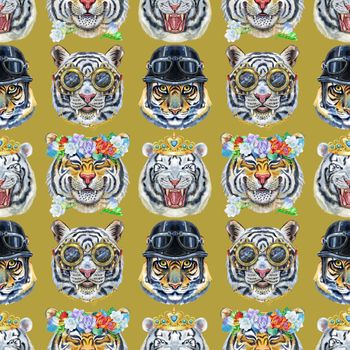 Watercolor seamless pattern with cute tigers on the olive background. Fashionable fabric design.