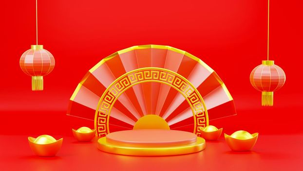 Happy Chinese New Year. Japanese fan, gold ingot and lantern, round Asian theme product display podium stage on red background, empty fashion luxury CNY podium, 3D Rendering illustration