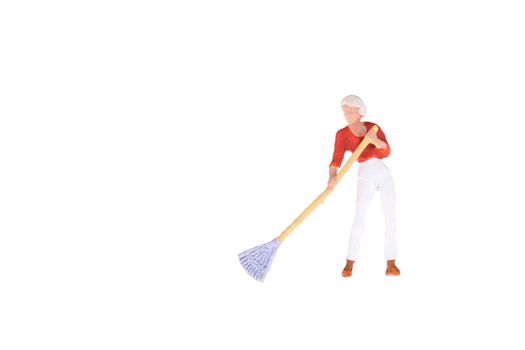 Close up of Miniature gardener people isolate on white background. Elegant Design with copy space for placement your text, mock up for housework and gradening concept