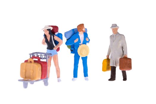 Close up of Miniature businessman and tourist people isolate on white background. Elegant Design with copy space for placement your text, mock up for travel concept