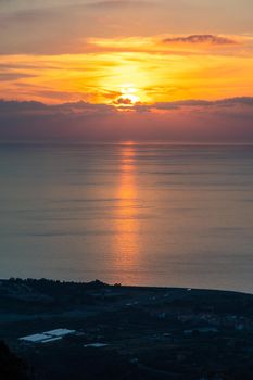 Sunset from San Marco D'Alunzio over the mediterranean sea, Sicily, Italy.