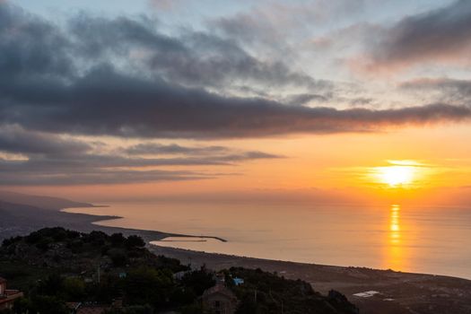Sunset from San Marco D'Alunzio over the mediterranean sea, Sicily, Italy.