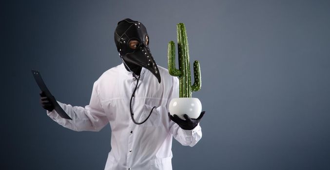 doctor in a dressing gown, wearing a plague doctor mask with a cactus in his hands