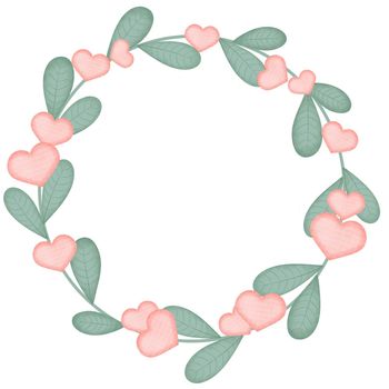 Leafy round bezel with pink hearts. Round romantic wreath. Frame with leaves, template for greeting card or invitation