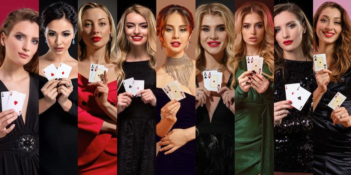 Collage of alluring women with bright make-up, in stylish dresses and jewelry. They are showing playing cards while posing against colorful backgrounds. Gambling, poker, casino. Close-up