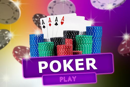 Four aces, playing cards, behind stacks of chips against colorful sparkling background. Some chips are flying. Collage with inscription poker play. Gambling entertainment, casino. Close-up