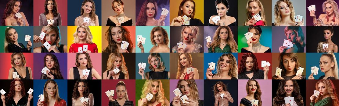 Collage of gorgeous models with bright make-up and hairstyles, in stylish dresses and jewelry. They showing playing cards while posing against colorful backgrounds. Gambling, poker, casino. Close-up