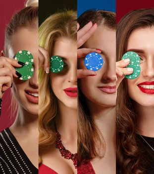 Collage of attractive ladies with bright make-up and stylish hairstyles, in jewelry. They are smiling, covered one eye by chips, posing on colorful backgrounds. Gambling, poker, casino. Close-up