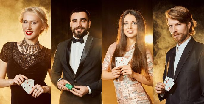 Collage of two gorgeous women in stylish dresses and handsome men in classic suits. They are smiling, showing aces and green chips. Posing against smoky backgrounds. Gambling, poker, casino. Close-up