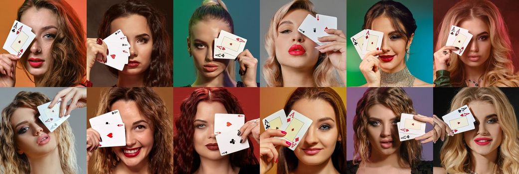 Collage of alluring models with bright make-up and stylish hairstyles, in jewelry. They have covered one eye with two playing cards, posing against colorful backgrounds. Poker, casino. Close-up